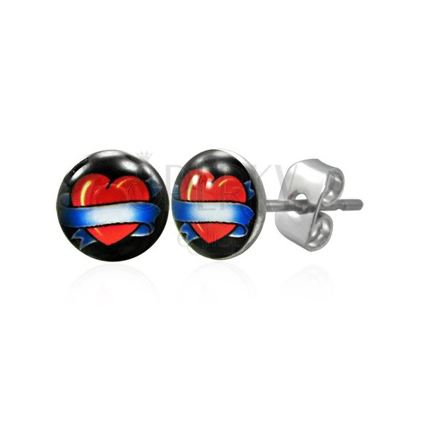 Steel earrings - heart with blue ribbon