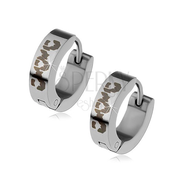 Hinged snap earrings in silver colour, black asymmetric pattern