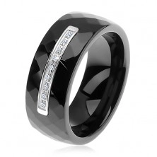 Ring made of black ceramic with cut surface, narrow steel stripe, zircons