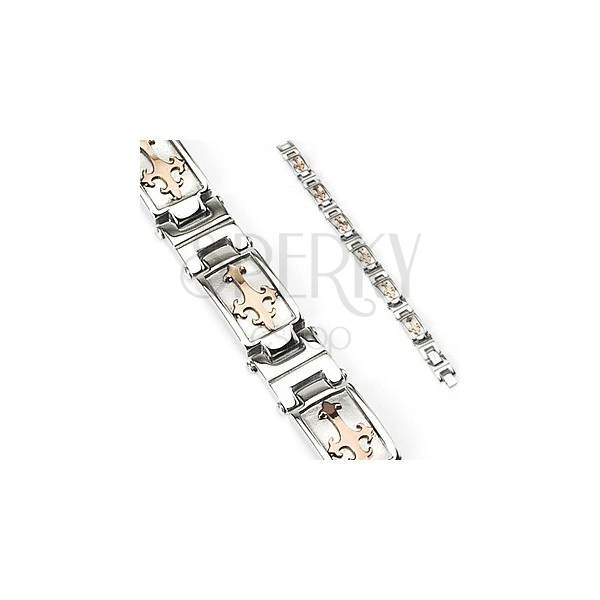 Steel bracelet in silver colour with Fleur De Lis cross in gold hue