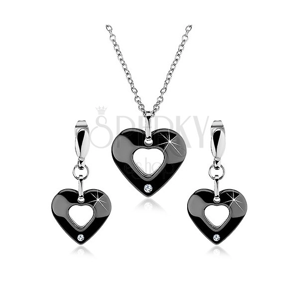 Set of necklace and earrings made of 316L steel, ceramic heart, cut-out and zircon