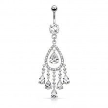 Steel piercing for belly, big drop contour composed of clear zircons, teardrops