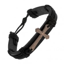 Bracelet made of black synthetic leather and strings, big shiny cross with prayer