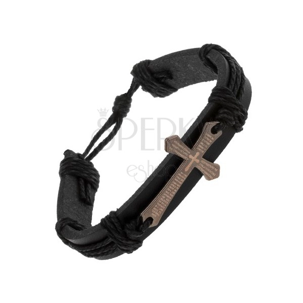 Bracelet made of black synthetic leather and strings, big shiny cross with prayer