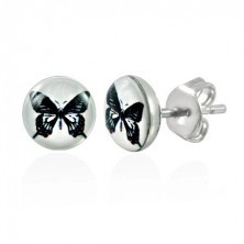 Steel earrings - white circle with black butterfly, studs
