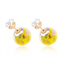 Reversible earrings, transparent ball with yellow centre, zircon
