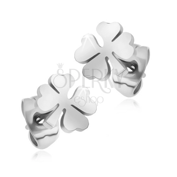 Stud earrings made of 316L steel, shiny four-leaf clover in silver colour