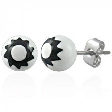 Black - white earrings made of 316L steel with sun emblem, studs