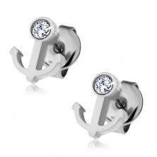 Earrings made of 316L steel - anchor with clear zircon, studs