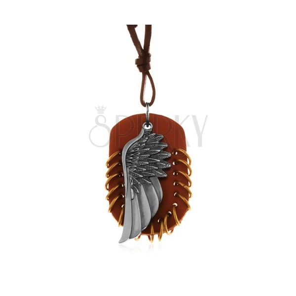 Necklace made of synthetic leather, pendant - brown oval with hoops and angel wing