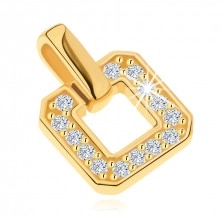 Pendant made of yellow 14K gold - square contour inlaid with clear zircons