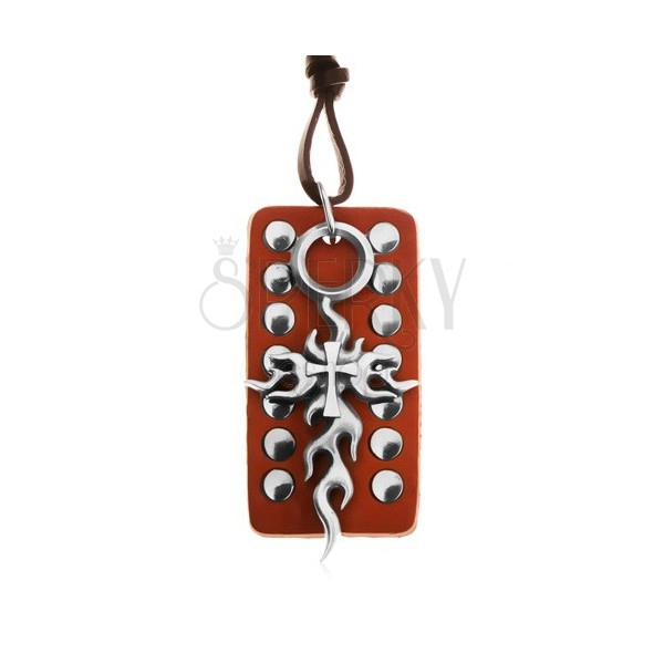 Leather necklace, adjustable - brown studded tag, Tribal cross