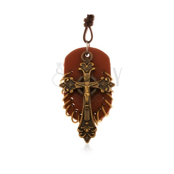 Leather necklace, pendants - brown oval with small hoops and Celtic cross