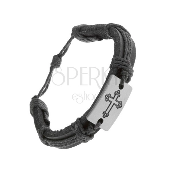 Black leather bracelet with strings, oblong with engraved cross