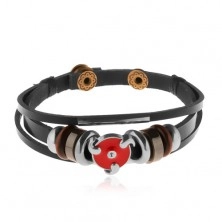 Multibracelet made of synthetic leather, steel and wooden beads, red glazed circle
