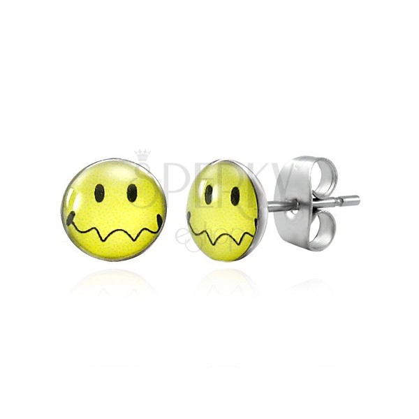 Earrings made of steel - yellow smiley with waved mouth, studs