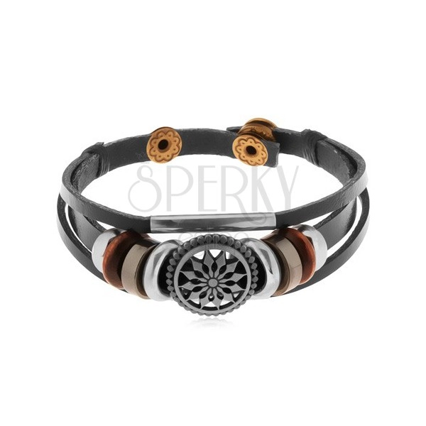 Multibracelet made of synthetic leather and strings, beads made of steel and wood, cut-out sun 