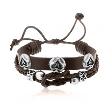 Leather bracelet in dark brown colour with steel decorations, aces of spades