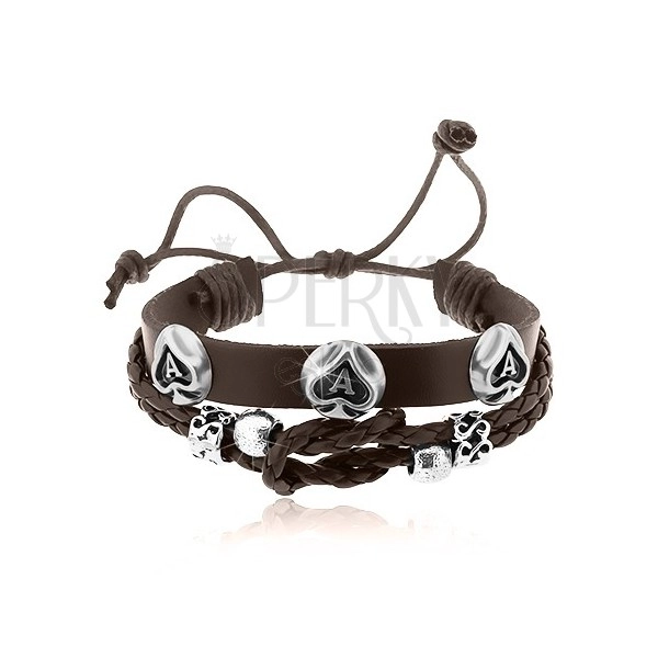 Leather bracelet in dark brown colour with steel decorations, aces of spades