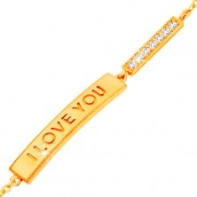 585 gold bracelet - shiny narrow strip with inscription I LOVE YOU and clear zircon line