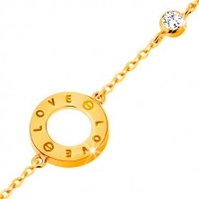 585 gold bracelet - circle contour with inscriptions LOVE, zircon in clear colour