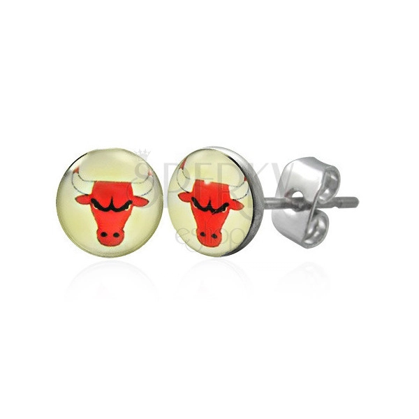 Round earrings made in 316L steel – bull´s head, light background, clear glaze, studs