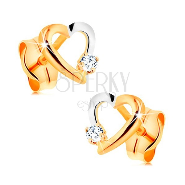 Stud earrings made of 14K gold - bicoloured heart contour with tiny zircon
