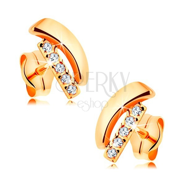 Earrings made of yellow 14K gold - shiny arc and straight zircon strip in clear colour