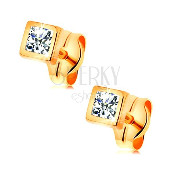14K gold earrings - glossy zircon in clear colour in shiny square mount