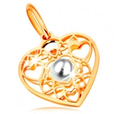Pendant made of yellow 585 gold - heart decorated with heart contours and white pearl 
