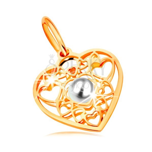 Pendant made of yellow 585 gold - heart decorated with heart contours and white pearl 
