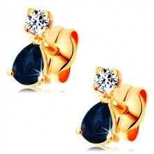 Earrings made of yellow 14K gold - teardrop dark blue sapphire, round clear zircon
