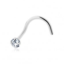 Curved nose piercing made of white 14K gold - clear round zircon, 2 mm