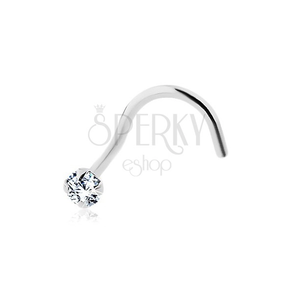 Curved nose piercing made of white 14K gold - clear round zircon, 2 mm