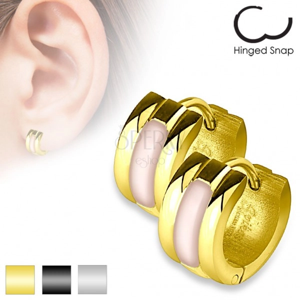 Hinged snap earrings made of surgical steel, protruding light pink pearlescent strip, various colours