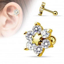 Tragus piercing made of 316L steel, flower inlaid with clear zircons