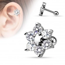 Tragus piercing made of 316L steel, flower inlaid with clear zircons