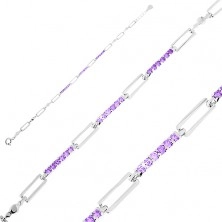 925 silver bracelet, oblong links with cut-outs, straight lines of violet zircons