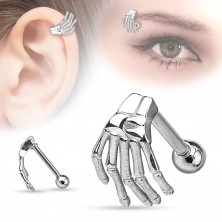Steel piercing for ear of eyebrow, skeleton hand, various colours
