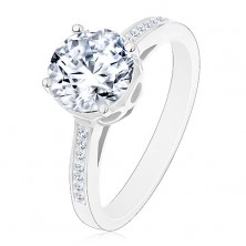 925 silver ring - engagement, big round zircon in clear colour in decorative mount