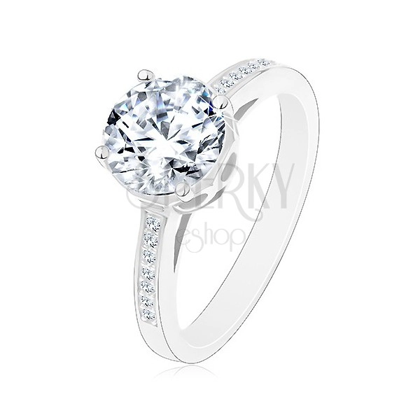 925 silver ring - engagement, big round zircon in clear colour in decorative mount