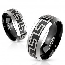 Bicoloured ring made of 316L steel, black middle strip with Greek key, 8 mm