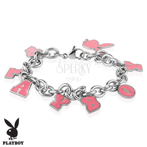 Steel bracelet in silver colour, pink pendants - bunny and inscription PLAYBOY