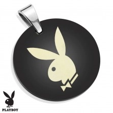 Pendant made of surgical steel, shiny black circle with Playboy bunny