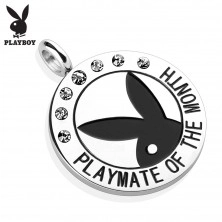Steel round pendant in silver colour, black Playboy bunny, zircons, inscription