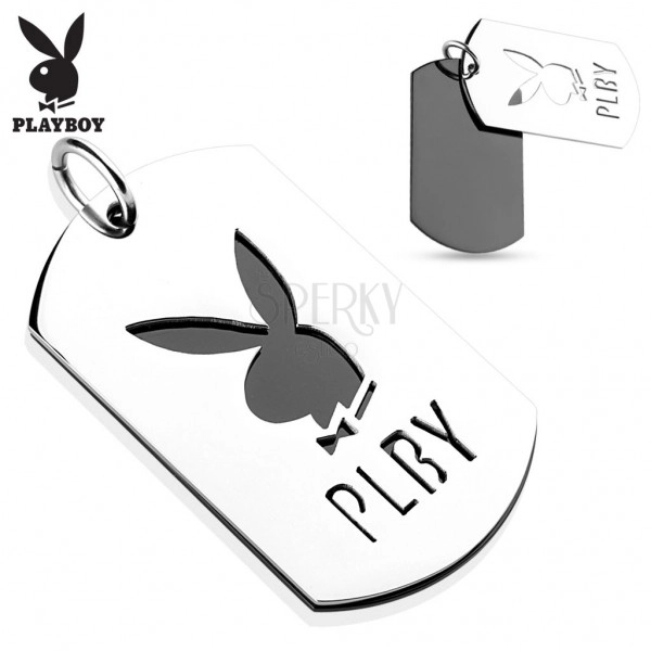 Pendant made of 316L steel, two shiny tags, Playboy bunny, PLBY letters