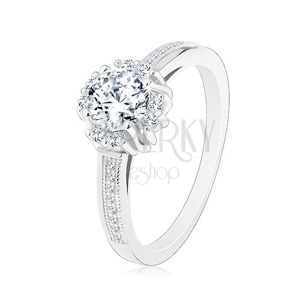 Engagement ring - 925 silver, sparkly clear zircon, pairs of tiny zircons