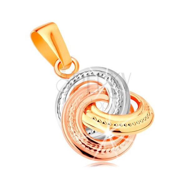 Pendant made of 14K gold - tricoloured joined hoops with engraving