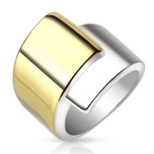 Steel ring, wide overlapping shoulders in gold and silver colour