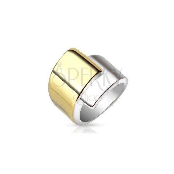 Steel ring, wide overlapping shoulders in gold and silver colour